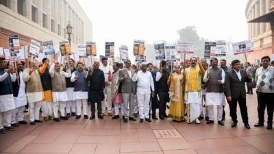 BJP MPs stage a protest alleging that the Congress party has insulted Babasaheb Ambedkar, at the Parliament House in New Delhi on Thursday. (ANI) BJP MPs stage a protest alleging that the Congress party has insulted Babasaheb Ambedkar, at the Parliament House in New Delhi on Thursday. (ANI)