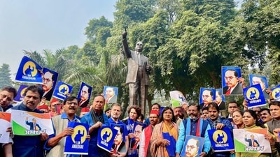 Lok Sabha LoP Rahul Gandhi with Congress MP Priyanka Gandhi Vadra and other India bloc MPs stage a protest demanding an apology and the resignation of Union Home Minister Amit Shah over his remarks on BR Ambedkar. (X/Rahul Gandhi) Lok Sabha LoP Rahul Gandhi with Congress MP Priyanka Gandhi Vadra and other India bloc MPs stage a protest demanding an apology and the resignation of Union Home Minister Amit Shah over his remarks on BR Ambedkar. (X/Rahul Gandhi)