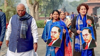 Mallikarjun Kharge with Congress MP Priyanka Gandhi Vadra and other India bloc MPs hold a protest march from Babasaheb Ambedkar statue at the Parliament premises to Makar Dwar. (X/Rahul Gandhi) Mallikarjun Kharge with Congress MP Priyanka Gandhi Vadra and other India bloc MPs hold a protest march from Babasaheb Ambedkar statue at the Parliament premises to Makar Dwar. (X/Rahul Gandhi)