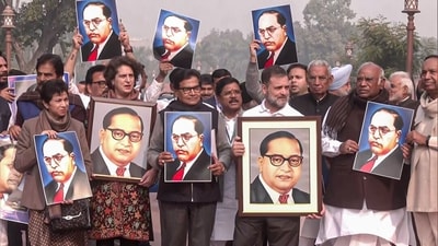 Leader of Opposition in Rajya Sabha Mallikarjun Kharge, Leader of Opposition in Lok Sabha Rahul Gandhi, Congress MPs Priyanka Gandhi Vadra, Selja Kumari, Samajwadi Party (SP) MP Ram Gopal Yadav and Opposition MPs hold portraits of BR Ambedkar during their protest against Amit Shah's remarks in New Delhi on December 18. (ANI)