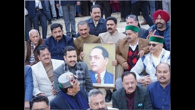 Chief minister Sukhvinder Singh Sukhu along with Congress legislators staged protest against the Union home minister Amit Shah statement on Bhimrao Ambedkar outside the Himachal Pradesh Vidhan Sabha in Dharamshala on Thursday. (HT Photo) Chief minister Sukhvinder Singh Sukhu along with Congress legislators staged protest against the Union home minister Amit Shah statement on Bhimrao Ambedkar outside the Himachal Pradesh Vidhan Sabha in Dharamshala on Thursday. (HT Photo)