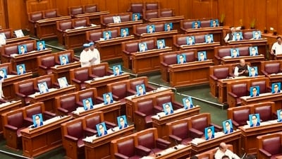 Photos of Dr. BR Ambedkar placed on benches by Congress leaders. (X/Priyank Kharge) Photos of Dr. BR Ambedkar placed on benches by Congress leaders. (X/Priyank Kharge)