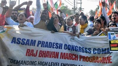Guwahati, Dec 18 (ANI): Assam Congress supporters hold 'Chalo Raj Bhavan' protest on the Adani issue, in Guwahati on Wednesday. (ANI Photo) (Abdul Sajid) Guwahati, Dec 18 (ANI): Assam Congress supporters hold 'Chalo Raj Bhavan' protest on the Adani issue, in Guwahati on Wednesday. (ANI Photo) (Abdul Sajid)
