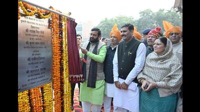 Haryana chief minister Nayab Singh Saini laying the foundation stone of a project in Kaithal on Thursday. (HT Photo)