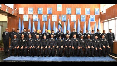 IAF chief Air Chief Marshal AP Singh with commanders of the stations under CAC’s area of responsibility attending the meet at CAC HQ in Prayagraj (IAF) IAF chief Air Chief Marshal AP Singh with commanders of the stations under CAC’s area of responsibility attending the meet at CAC HQ in Prayagraj (IAF)