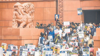 INDIA MPs protest against home minister Amit Shah’s remarks on BR Ambedkar on Thursday. (PTI) INDIA MPs protest against home minister Amit Shah’s remarks on BR Ambedkar on Thursday. (PTI)
