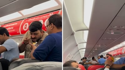 Images of Indian passengers standing and eating inside a flight to Thailand. (Instagram/@sarcasm.with.ankit) Images of Indian passengers standing and eating inside a flight to Thailand. (Instagram/@sarcasm.with.ankit)