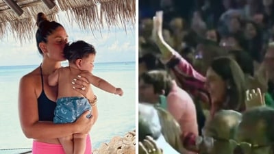 Kareena Kapoor cheers for son Jeh as he performs on stage. Kareena Kapoor cheers for son Jeh as he performs on stage.