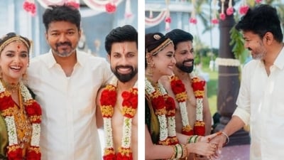 Thalapathy Vijay attends Keerthy Suresh and Anthony Thattil's wedding. Thalapathy Vijay attends Keerthy Suresh and Anthony Thattil's wedding.