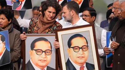 LoP in the Lok Sabha Rahul Gandhi and Congress MP Priyanka Gandhi Vadra take part in a protest of opposition MPs demanding Union Home Minister Amit Shah's apology for his remarks which they claimed were an insult to B.R. Ambedkar, during the Winter session of Parliament, in New Delhi, (PTI) LoP in the Lok Sabha Rahul Gandhi and Congress MP Priyanka Gandhi Vadra take part in a protest of opposition MPs demanding Union Home Minister Amit Shah's apology for his remarks which they claimed were an insult to B.R. Ambedkar, during the Winter session of Parliament, in New Delhi, (PTI)