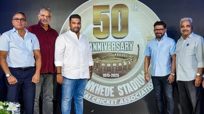 Mumbai Cricket Association officials at the logo launch of 50 years of Wankhede Stadium. (PTI) Mumbai Cricket Association officials at the logo launch of 50 years of Wankhede Stadium. (PTI)