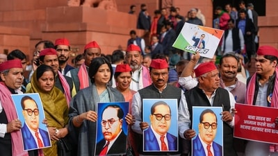 Samajwadi Party MPs Dimple Yadav with party MPs protest during the Winter session of Parliament. (PTI) Samajwadi Party MPs Dimple Yadav with party MPs protest during the Winter session of Parliament. (PTI)