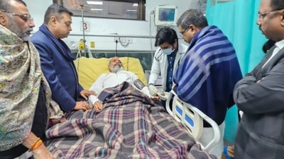 Union Minister Dharmendra Pradhan with BJP MP Sambit Patra and others visits party MP Pratap Chandra Sarangi admitted at the RML Hospital after he got injured in clashes between INDIA Bloc and NDA MPs. (PTI) Union Minister Dharmendra Pradhan with BJP MP Sambit Patra and others visits party MP Pratap Chandra Sarangi admitted at the RML Hospital after he got injured in clashes between INDIA Bloc and NDA MPs. (PTI)