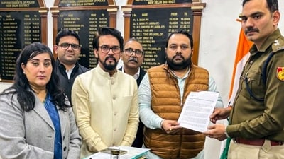 Three NDA MPs, including Anurag Thakur and Bansuri Swaraj, file a complaint at the Parliament Street Police station. (PTI) Three NDA MPs, including Anurag Thakur and Bansuri Swaraj, file a complaint at the Parliament Street Police station. (PTI)