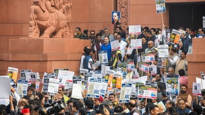 Rahul Gandhi during a protest by INDIA Bloc as well as NDA members, at Parliament complex, in New Delhi. (PTI) Rahul Gandhi during a protest by INDIA Bloc as well as NDA members, at Parliament complex, in New Delhi. (PTI)