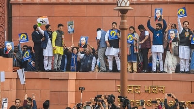 Congress President Mallikarjun Kharge with party MP Priyanka Gandhi Vadra and other INDIA bloc members during a protest against Home Minister Amit Shah. (PTI) Congress President Mallikarjun Kharge with party MP Priyanka Gandhi Vadra and other INDIA bloc members during a protest against Home Minister Amit Shah. (PTI)