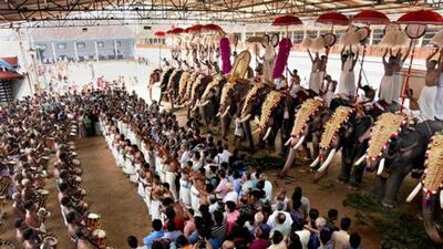 Priests and devotees perform rituals of 15 caparisoned elephants at the Thripoonithuta Sree Poornathrayeesa Temple in Kochi. (PTI File Photo)