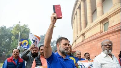 Rahul Gandhi with other MPs at the Parliament premises on Thursday (ANI/Rahul Singh)