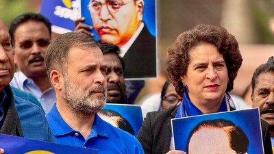 LoP in the Lok Sabha and Congress MP Rahul Gandhi with party MP Priyanka Gandhi Vadra during a protest by INDIA bloc members in Parliament premises. (PTI) LoP in the Lok Sabha and Congress MP Rahul Gandhi with party MP Priyanka Gandhi Vadra during a protest by INDIA bloc members in Parliament premises. (PTI)
