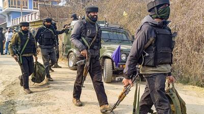 Security forces personnel during an encounter with terrorists at Kadder in Kulgam district, J&K, on Thursday. (PTI) Security forces personnel during an encounter with terrorists at Kadder in Kulgam district, J&K, on Thursday. (PTI)