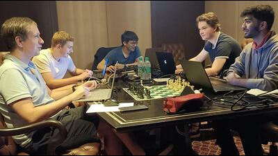 Team Gukesh preparing for the World Championship match. (Left to right) Radoslaw Wojtaszek, Grzegorz Gajewski, Pentala Harikrishna, Vincent Keymer and Gukesh. (Gukesh D) Team Gukesh preparing for the World Championship match. (Left to right) Radoslaw Wojtaszek, Grzegorz Gajewski, Pentala Harikrishna, Vincent Keymer and Gukesh. (Gukesh D)