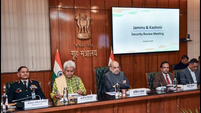 Union home minister Amit Shah, J&K LG Manoj Sinha and Chief of the Army Staff General Upendra Dwivedi, in New Delhi. (ANI) Union home minister Amit Shah, J&K LG Manoj Sinha and Chief of the Army Staff General Upendra Dwivedi, in New Delhi. (ANI)