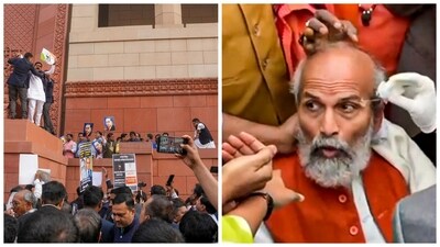 L: Opposition MPs protesting on Makar Dwar of Parliament | R: BJP MP Pratap Chandra Sarangi injured allegedly after a push by Rahul Gandhi (PTI images) L: Opposition MPs protesting on Makar Dwar of Parliament | R: BJP MP Pratap Chandra Sarangi injured allegedly after a push by Rahul Gandhi (PTI images)