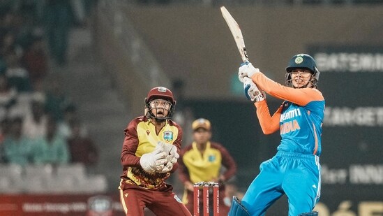 India's batter Smriti Mandhana plays a shot. (PTI)