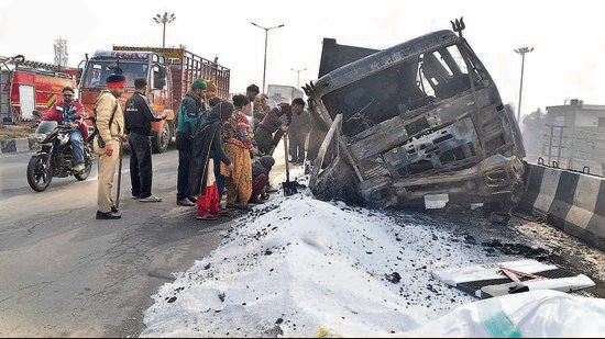 The gutted truck after the accident near Transport Nagar in Ludhiana on Thursday. (Manish/HT)