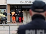 A police officer stands, following a knife attack in a primary school, in Zagreb, Croatia, December 20, 2024.