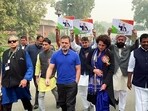 Lok Sabha LoP Rahul Gandhi with Congress MP Priyanka Gandhi Vadra and other India bloc MPs hold a protest march from Babasaheb Ambedkar statue at the Parliament premises to Makar Dwar in New Delhi on December 19. Lok Sabha LoP Rahul Gandhi with Congress MP Priyanka Gandhi Vadra and other India bloc MPs hold a protest march from Babasaheb Ambedkar statue at the Parliament premises to Makar Dwar in New Delhi on December 19.