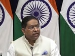 MEA Spokesperson Randhir Jaiswal briefs the media, in New Delhi. (PTI)