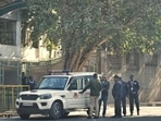 Security personnel outside Delhi Public School at R K Puram after a hoax bomb threat. Security personnel outside Delhi Public School at R K Puram after a hoax bomb threat.