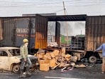 Firefighters at the site of the accident after a truck loaded with a chemical collided with some other vehicles and caught fire on the Jaipur-Ajmer Highway. Firefighters at the site of the accident after a truck loaded with a chemical collided with some other vehicles and caught fire on the Jaipur-Ajmer Highway.
