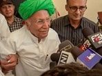 Former Haryana Chief Minister Om Prakash Chautala after casting his vote for the Haryana Assembly elections, at a polling station in Chautala village in Sirsa on Oct 5
