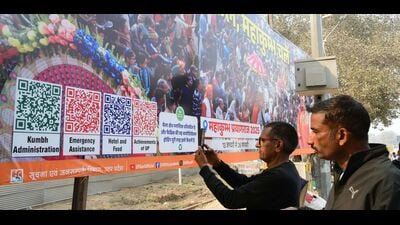 A hoarding in Mahakumbh-2025 mela area bearing the QR codes (HT Photo) A hoarding in Mahakumbh-2025 mela area bearing the QR codes (HT Photo)
