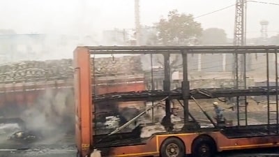 Charred remains of a truck at the site of the accident after a massive fire started due to a collision between a gas tanker and multiple vehicles near a petrol pump on the Jaipur-Ajmer Highway. (ANI) Charred remains of a truck at the site of the accident after a massive fire started due to a collision between a gas tanker and multiple vehicles near a petrol pump on the Jaipur-Ajmer Highway. (ANI)