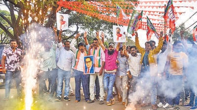 BJP activists celebrate after the Karnataka High Court directed the police to immediately release BJP leader CT Ravi, outside his residence in Chikkamagalur, Friday (PTI) BJP activists celebrate after the Karnataka High Court directed the police to immediately release BJP leader CT Ravi, outside his residence in Chikkamagalur, Friday (PTI)