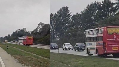The bus was spotted on NICE ring road, Bengaluru. (X/@captsanthoshkc) The bus was spotted on NICE ring road, Bengaluru. (X/@captsanthoshkc)