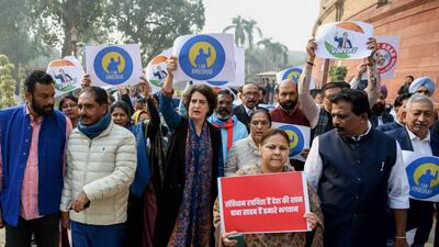 Congress MP Priyanka Gandhi Vadra with INDIA Alliance MPs' protest over Union home minister Amit Shah's remark on Dr BR Ambedkar in Rajya Sabha during the constitution debate, at Parliament premises in New Delhi on Friday. (ANI) Congress MP Priyanka Gandhi Vadra with INDIA Alliance MPs' protest over Union home minister Amit Shah's remark on Dr BR Ambedkar in Rajya Sabha during the constitution debate, at Parliament premises in New Delhi on Friday. (ANI)
