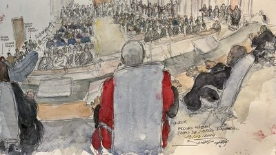 The court in Avignon (in sketch) sentenced Dominique Pelicot to the maximum term of 20 years jail, while also convicting the other 50 defendants in the case. (AFP) The court in Avignon (in sketch) sentenced Dominique Pelicot to the maximum term of 20 years jail, while also convicting the other 50 defendants in the case. (AFP)