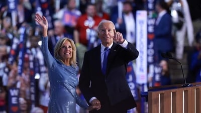 First Lady Jill Biden and US President Joe Biden wave to the audience during the first day of the Democratic National Convention at the United Center in Chicago. (AFP) First Lady Jill Biden and US President Joe Biden wave to the audience during the first day of the Democratic National Convention at the United Center in Chicago. (AFP)