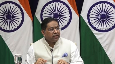 MEA Spokesperson Randhir Jaiswal briefs the media, in New Delhi. (PTI) (HT_PRINT) MEA Spokesperson Randhir Jaiswal briefs the media, in New Delhi. (PTI) (HT_PRINT)