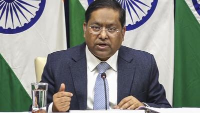 Ministry of External Affairs spokesperson Randhir Jaiswal speaks during weekly media briefing in New Delhi on Friday (PTI) Ministry of External Affairs spokesperson Randhir Jaiswal speaks during weekly media briefing in New Delhi on Friday (PTI)