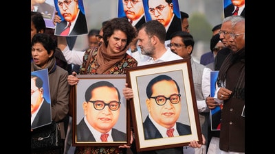 New Delhi: LoP in the Lok Sabha Rahul Gandhi and Congress MP Priyanka Gandhi Vadra take part in a protest of opposition MPs demanding Union Home Minister Amit Shah's apology for his remarks which they claimed were an insult to B.R. Ambedkar, during the Winter session of Parliament, in New Delhi, Wednesday, Dec. 18, 2024. (PTI Photo/Ravi Choudhary) (PTI) New Delhi: LoP in the Lok Sabha Rahul Gandhi and Congress MP Priyanka Gandhi Vadra take part in a protest of opposition MPs demanding Union Home Minister Amit Shah's apology for his remarks which they claimed were an insult to B.R. Ambedkar, during the Winter session of Parliament, in New Delhi, Wednesday, Dec. 18, 2024. (PTI Photo/Ravi Choudhary) (PTI)