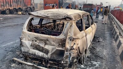 A burnt vehicle at the site of the accident after a truck loaded with a chemical collided with some other vehicles and caught fire on the Jaipur-Ajmer Highway. (PTI) A burnt vehicle at the site of the accident after a truck loaded with a chemical collided with some other vehicles and caught fire on the Jaipur-Ajmer Highway. (PTI)