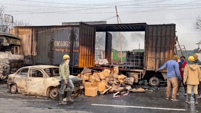 Firefighters at the site of the accident on the Jaipur-Ajmer Highway. Five people were burnt alive and 37 injured in the major fire incident, police said. (PTI) Firefighters at the site of the accident on the Jaipur-Ajmer Highway. Five people were burnt alive and 37 injured in the major fire incident, police said. (PTI)