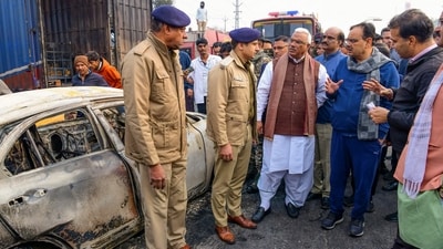 Rajasthan Chief Minister Bhajanlal Sharma visits the accident site on the Jaipur-Ajmer Highway, in Jaipur. (PTI) Rajasthan Chief Minister Bhajanlal Sharma visits the accident site on the Jaipur-Ajmer Highway, in Jaipur. (PTI)