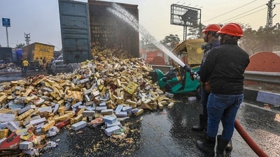 Police said there are chances that some people could not get out of their vehicles and got burnt inside. The situation will become clear once all the vehicles are thoroughly checked, they said. (PTI) Police said there are chances that some people could not get out of their vehicles and got burnt inside. The situation will become clear once all the vehicles are thoroughly checked, they said. (PTI)