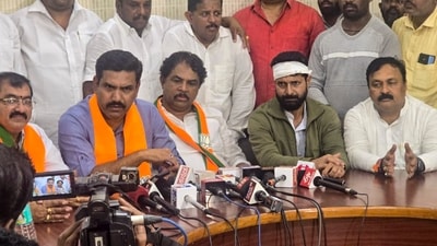 Davanagere: Karnataka BJP President BY Vijayendra with party leader CT Ravi and others during a press conference. (PTI) Davanagere: Karnataka BJP President BY Vijayendra with party leader CT Ravi and others during a press conference. (PTI)
